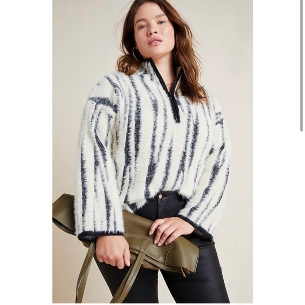 Anthropologie Fuzzy Zebra Print Half Zip Sweater
